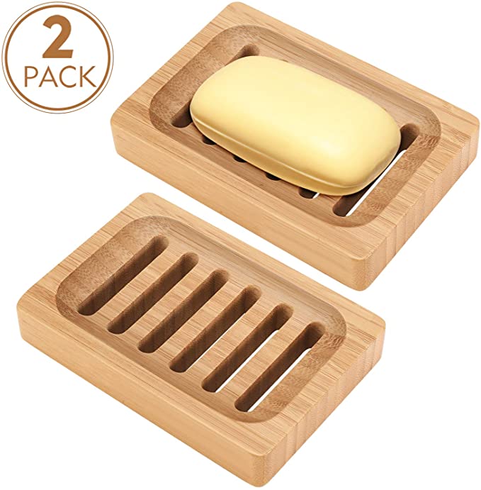 Bamboo Soap Dish, REVO 2 Pack Rustic Bar Soap Holder for Bathroom Sink Shower Kitchen, Natural Wooden Tray for Soap, Sponges