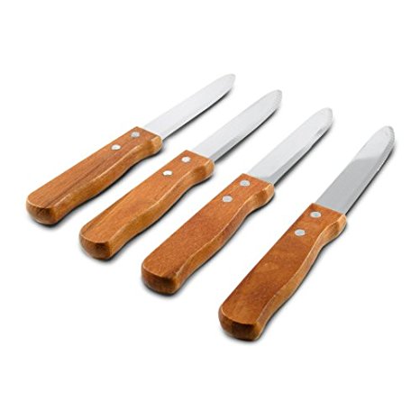 SET OF 4 - 5-Inch Blade Restaurant Style Steak Knives, Round Tip, Thick-Grip Wood Handle Steak Knife Set