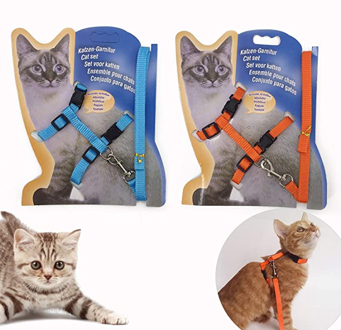 Gizhome 2 Pack Cat Harness and Leash Adjustable Halter Harness Nylon Strap Belt Safety Rope Leads for Kitten, Orange & Light Blue