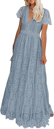 MEROKEETY Women's V Neck Short Sleeve Floral Lace Wedding Dress Bridesmaid Cocktail Party Maxi Dress