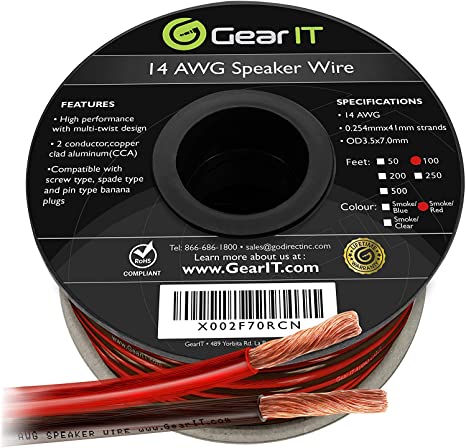 GearIT Pro Series 14AWG Speaker Wire, 14 Gauge Speaker Wire Cable (100 Feet / 30 Meters) Great Use for Home Theater Speakers and Car Speakers, Transparent Black/Red