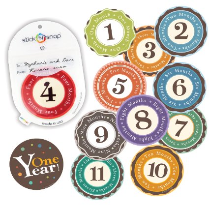 Stick'Nsnap(TM) 12 unisex "Happy Colors" (TM) milestones first year monthly growth stickers for baby boy or girl. 3.25'' inch diameter sticker. To put on shirt bodysuit creeper bibs bottoms or ONESIE. Use every month to take pictures and add to scrapbook as keepsake. Use as gift or baby room décor. Bright bold colors - Best Baby Shower Gift!