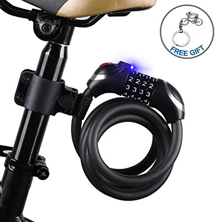 ICOCOPRO Bike Cable Lock with LED Light Easy Use in Night, Bike Lock Basic Self Coiling Resettable Combination Cable Bike Locks with Mounting Bracket