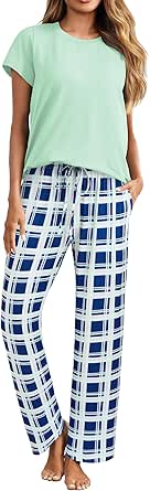 Ekouaer Women's Pajamas 2 Piece Pajama Sets Soft Short Sleeve Sleepwear Ladies Lounge Sets