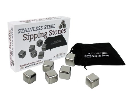 Stainless Steel Ice Cubes - Set of 6 Stainless Steel Sipping Stones in Gift Box with Muslin Carrying Pouch and Tongs