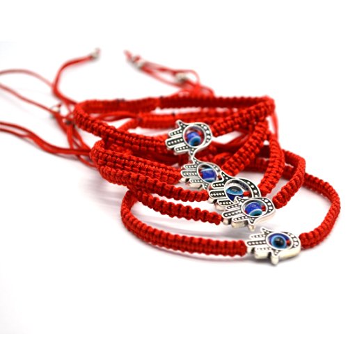 5pcs "Lucky" Hamsa Red String Kabbalah Bracelets Braided String and Rotating "Evil Eye" Hamsa Hand - Jewish Judaica Amulet Pendant Jewelry for "Success and Protection"ustable Red String