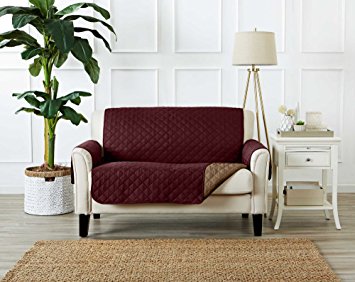 Deluxe Reversible Quilted Furniture Protector. Two Fresh Looks in One. By Home Fashion Designs Brand. (Loveseat - Burgundy / Taupe)