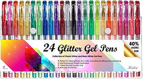 Koulora - 24 Glitter Gel Pens - Neon Glitter and Classic Glitter | 40% More Ink | for Adult Coloring Books, Scrapbooking, Invitations & More | Non Toxic & Acid Free