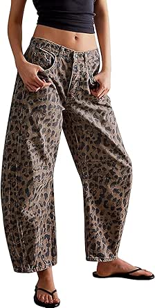 Barrel Jeans for Women Leopard Print Casual Wide Leg Denim Ankle Pants Y2k Boyfriend Baggy Mid Rise Tapered Jeans