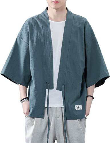 PRIJOUHE Men's Japanese Kimono Coat Loose 3/4 Sleeve Open Front Cardigan Tops Outwear Yukata with Drawstring Closure