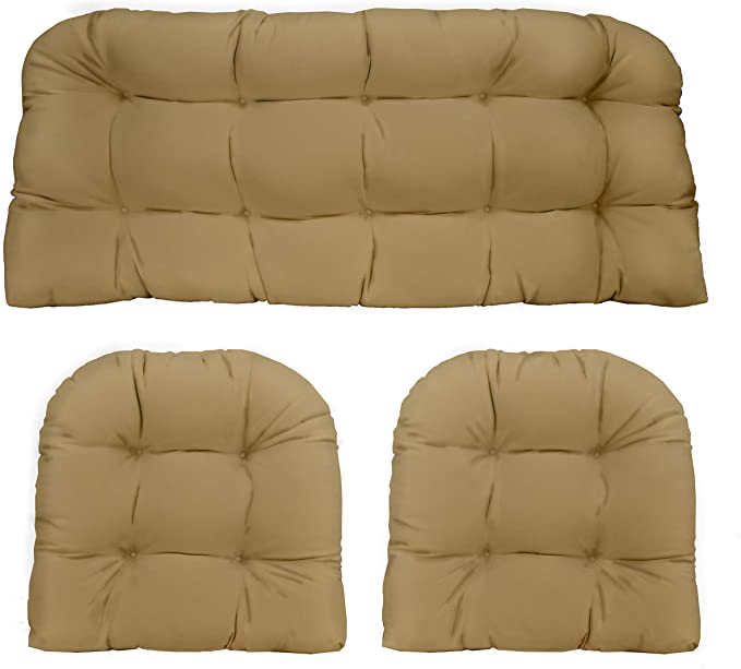 Resort Spa Home Decor 3 Piece Wicker Cushion Set - Indoor/Outdoor Tan Solid Fabric Cushion for Wicker Loveseat Settee & 2 Matching Chair Cushions