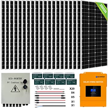 ECO-WORTHY 4KW 16KWH 48V Complete Solar Power System Kit Off Grid Solar Panel Kit with 3500W 48V All-in-one Solar Charge Inverter and 20pcs 195W Solar Panel and 8pcs 100AH Battery and Combiner Box