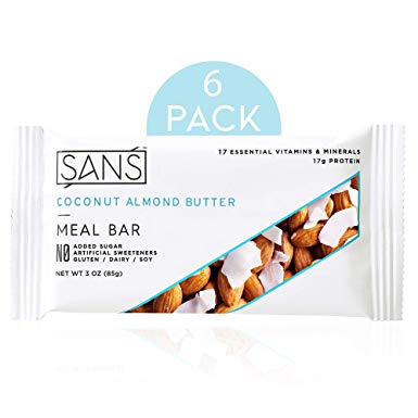 SANS Coconut Almond Butter Meal Replacement Protein Bar | All-Natural Nutrition Bar With No Added Sugar | Dairy-Free, Soy-Free, and Gluten-Free | 16 Essential Vitamins and Minerals | (6 Pack)