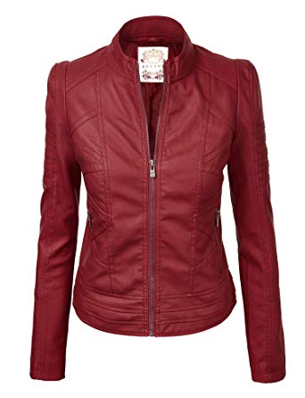 Made By Johnny MBJ Womens Faux Leather Zip Up Moto Biker Jacket With Stitching DetaiL