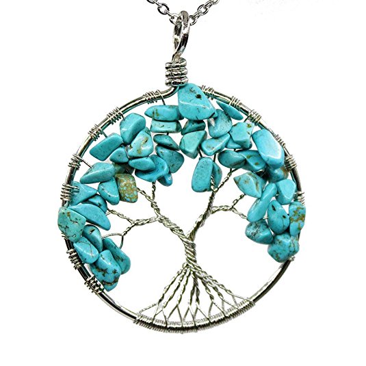 Holiday Gift! Handmade Tree Of Life Gemstone Pendant Necklace With 26" Stainless Steel Chain, Chakra Jewelry Gift For Her