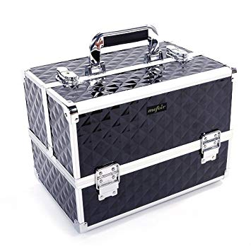 Mefeir Makeup Train Case 12.6"L w/Adjustable Dividers, 4 Trays and 2 Locks Black,Professional Travel Beauty Cosmetic Trolley Box,Birthday Valentine's Mother's Day Gift (Black)