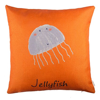 Cotton Linen Fjfz Home Decorative Throw Pillow Case Cushion Cover for Sofa Couch Animal Pattern, Alphabet Letters, Jellyfish, Orange, 18" x 18"