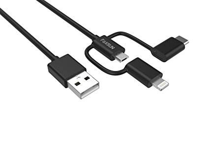 Foxsun Multi USB Charging Cable,3.3 ft/1m 3 in 1 Mutiple USB Charger Cable with 8Pin Lightning /USB Type C/Micro USB Connector for iPhone, Samsung, LG, Nexus Smartphones and More-MFI Certified-Black