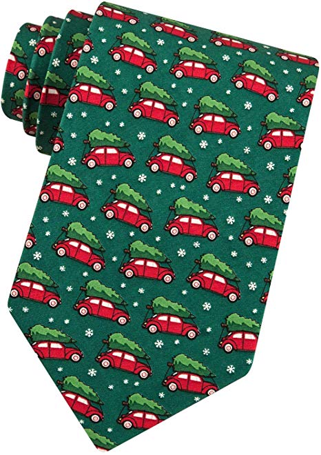 Mens 100% Silk Green Christmas Bringing Home The Tree on Volkswagon Bug Car-Ma Tie Necktie