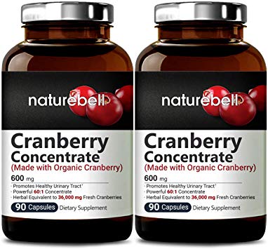 Organic Cranberry Whole Fruit Concentrate, 90 Capsules, Equivalent to 36,000mg of Fresh Cranberries, Strongly Supports Urinary Tract Cleanse, Kidney and Bladder Health (2 Packs)