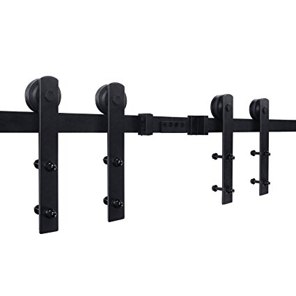 SMARTSTANDARD 10ft Double door Sliding Barn Door Hardware (Black) (I Shape Hangers) (2 x5 foot Rail)