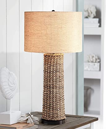 Coastal Table Lamp Woven Seagrass Burlap Drum Shade for Living Room Family Bedroom Bedside Nightstand Office - 360 Lighting