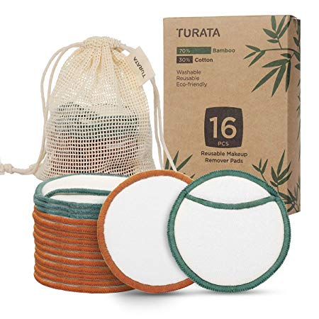 Makeup Remover Pads, TURATA 16Pcs Reusable Bamboo Cotton Pads With Laundry Bag, Zero Waste Eco-Friendly Washable Facial Makeup Cleaning Cloths For Face Eyes Lip Neck All Skin Types