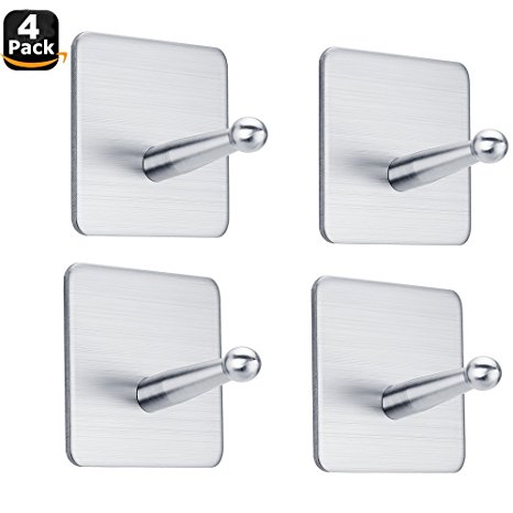 FOTYRIG Wall Hooks, Adhesive Hooks SUS 304 Brushed Stainless Steel Hook Wall Hangers Without Nails for Robes, Coats, Towels, Keys, Bags, Lights, Calendars-Home Bathroom Kitchen Office -4 Packs