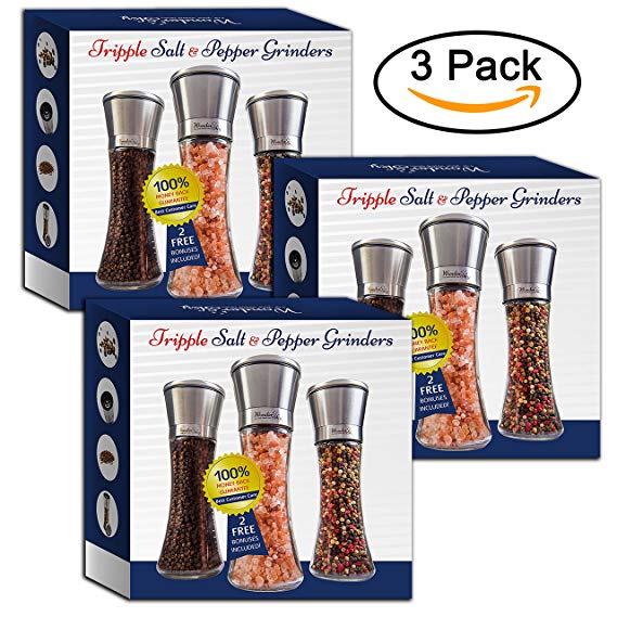 Salt Shaker and Pepper Grinder - 3 Sets of 3 Mills with Brushed Stainless Steel Covered Sealing Caps | 6 Oz Tall Glass Body & 5 Grade Adjustable Ceramic Blade | FREE EBOOK,CLEANING BRUSH & FUNNEL