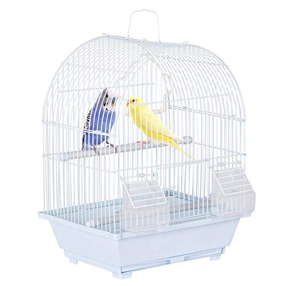 Yaheetech 15.4''H Dome Top Style Economy Small Bird Cage for Parakeet Budgie Finch Canary Travel Bird Cage w/2x Feeding Cups/Pull-Out Tray/Sturdy Handle/Plastic Swing, White