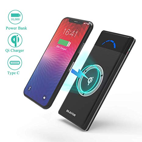 BLAVOR Wireless Power Bank 10,000mAh, Portable Wireless Charger Qi Power Bank Compatible with iPhone 8/8plus/X All Qi-Enabled Devices, 5V 2.1A Phone Battery Charger Type C