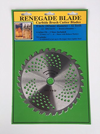 1 Blade 8"-32t -- Brush & Brambles Specialty -- RENEGADE BLADE -- GS1 Barcode Shelf Hanging Blister Pack -- Carbide Brush Cutter weed eater Blades, 203mm diameter