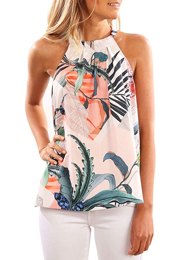 FARYSAYS Women's Casual Floral Print Halter Tank Tops Summer Sleeveless Shirts Blouses