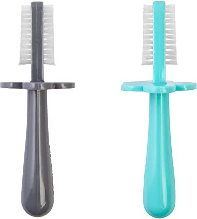 GRABEASE Bundle Double Sided Toothbrush – Baby Toothbrush for 6 Months to 4 Years Old with Soft Bristles – BPA-Free Toddler Toothbrush with Anti-Choke Guard – Includes Free Finger Brush, Grey & Teal