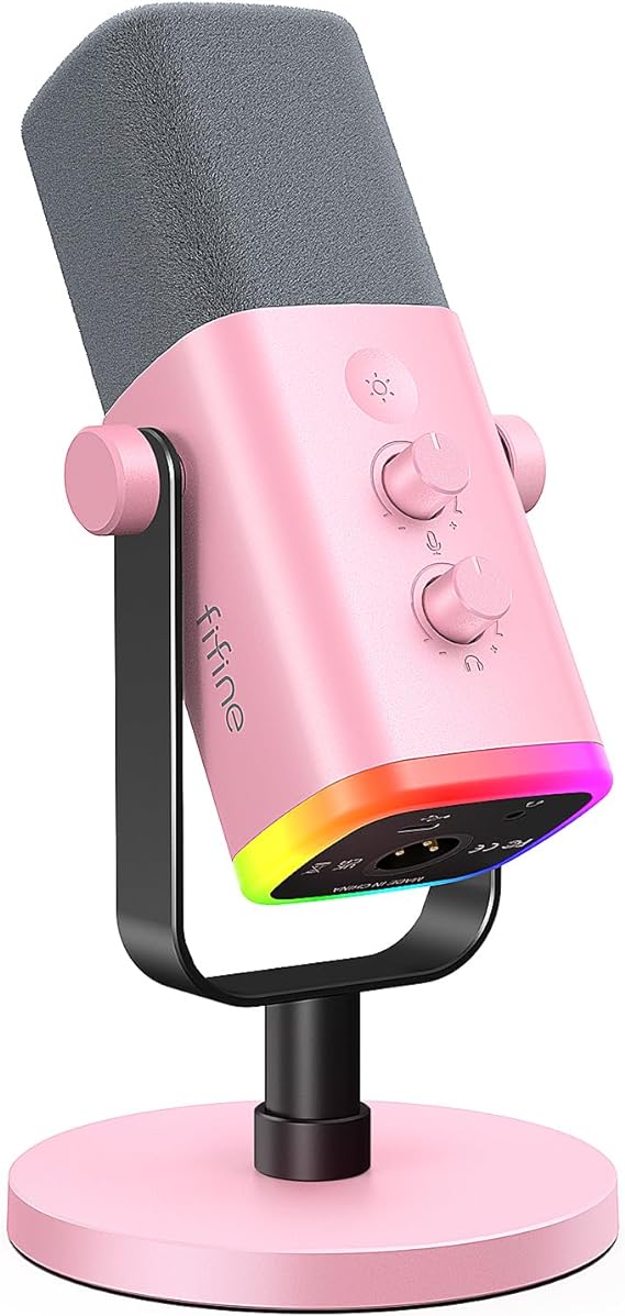 FIFINE XLR/USB Microphone, Gaming Recording PC Mic with Headphones Jack, Mute Button, Dynamic RGB Mic for Computer/PS4/PS5, Streaming Mic for Podcasting Voice-Over YouTube Video-AmpliGame AM8 Pink