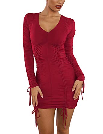 liher Womens Sexy Dress V Neck Long Sleeve Ruched Club Mini Bodycon Dress