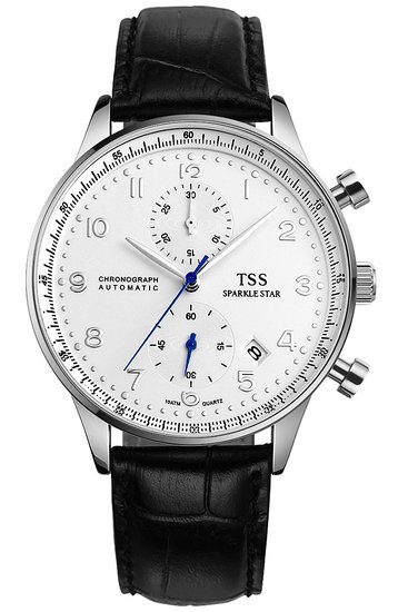 TSS Mens White Cream Dial Silver Blue Hand Black Leather Band Quartz Movement Wrist Watch