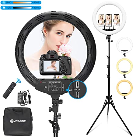 WISAMIC 18 inch LED Ring Light with Stand: Phone Holder Touch and Remote Control Bi-Color Dimmable 2800K-6000K for Selfie Makeup Camera Phone YouTube Video Photography Lighting