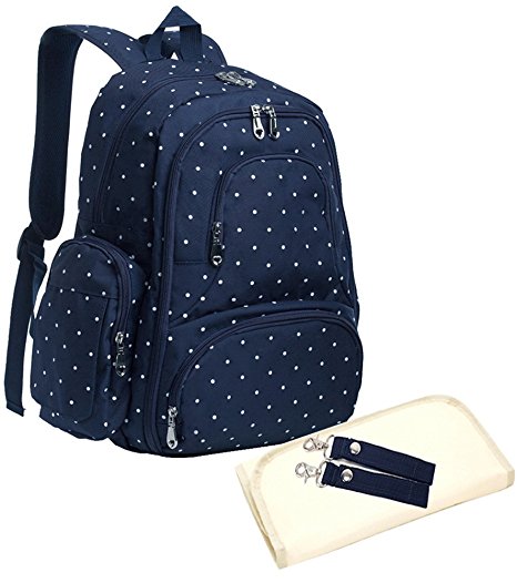 Baby 16 Pockets Waterproof Oxford Fabric Travel Backpack Diaper Bag with Changing Pad 3 Pieces Set (Dark Blue Dot)