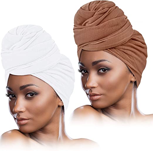 2 Pieces Stretch Head Wrap Scarf Stretchy Turban Long Hair Scarf Wrap Solid Color Soft Head Band Tie for Women