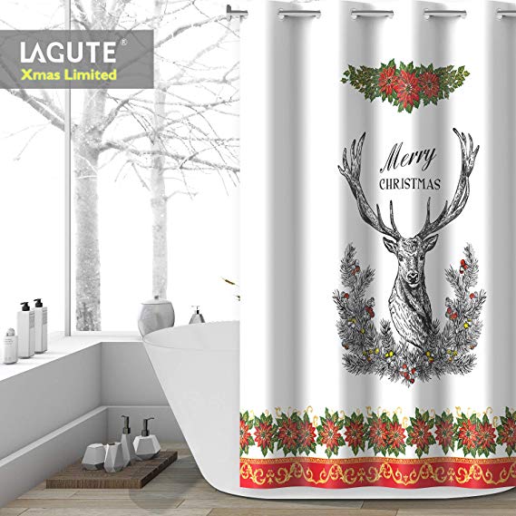 Lagute SnapHook Hookless Shower Curtain, 74 in (L) x 71 in (W) | Removable PEVA Liner | Optional See Through Top Window | Machine Washable (Merry Christmas Deer)