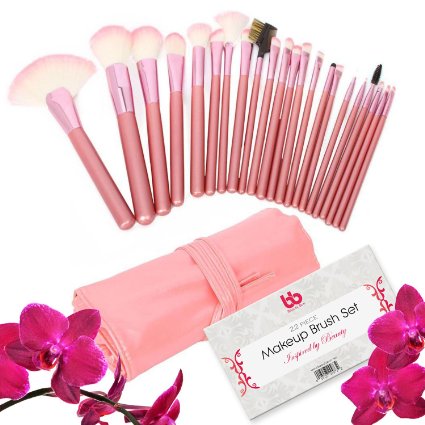 Professional Makeup Brushes, 22 Piece Set, Pink, Vegan, with Comfortable Plastic Handles, Great for Precision Makeup & Contouring, Includes Free Case, By Beauty Bon®
