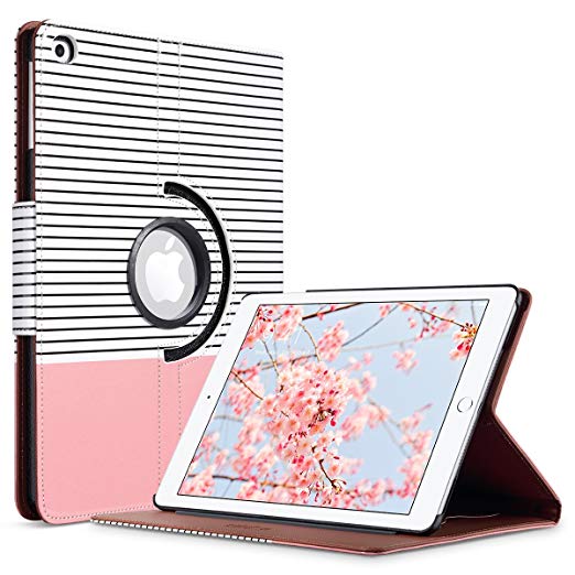 ULAK iPad 2017/2018 iPad 9.7 inch Case, Slim Lightweight 360 Rotating Folio Folding Stand Smart Cover Auto Wake/Sleep PU Leather Protective Case for iPad 9.7 Inch (2017) Rose Gold Stripes