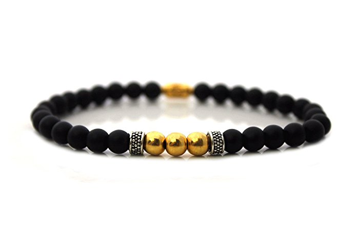 Men's Matte Black Onyx and 22 Karat Gold Vermeil Beads Stretch Bracelet