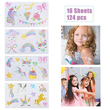 Unicorn Temporary Tattoos for Girls - Perfect Girls Party Favors - 16 Sheets 124 PCS Watercolors with Sparkle Gold Glitter
