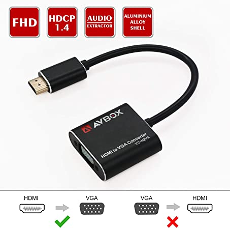 AVBOX HDMI to VGA Adapter/Converter (Male to Female),Full 1080p,with Audio, Aluminum Alloy and 3.5mm Audio Jack for Computer, Monitor, Projector, HDTV, Raspberry Pi, Roku, Xbox and More(Black)