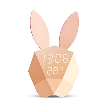 Expert-led led night lights nightlights for kids children adults, wake up light alarm clock with rabbit smart sound activated controlled light led lights (Pink rabbit alarm-clock night light)
