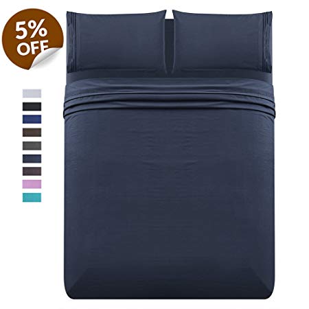 Luxe Manor 3pc Twin Size Bed Sheet Set - Soft Brushed Microfiber Fitted Flat Sheet & Embroidered Pillow Case Set - Deep Pocket Wrinkle Free Hypoallergenic Bedding, Best Christmas Gifts, Navy Blue