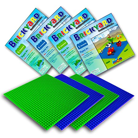 4 Baseplates, 10 x 10 Inches Large Thick Base Plates for Building Bricks by Brickyard Building Blocks, Perfect for Activity Table or Displaying Compatible Construction Toys (2 Green, 2 Blue)
