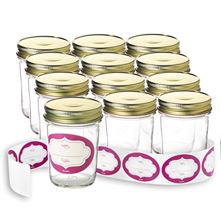 Case of 12 - 8 Ounce Glass Jars with Gold Lids and Unique Labels Perfect for Home Canning, Pickling, Gifts, Presentation, Baby Showers, Baby Food Storage, Wedding Favors, Juicing, Housewarming, Pantry